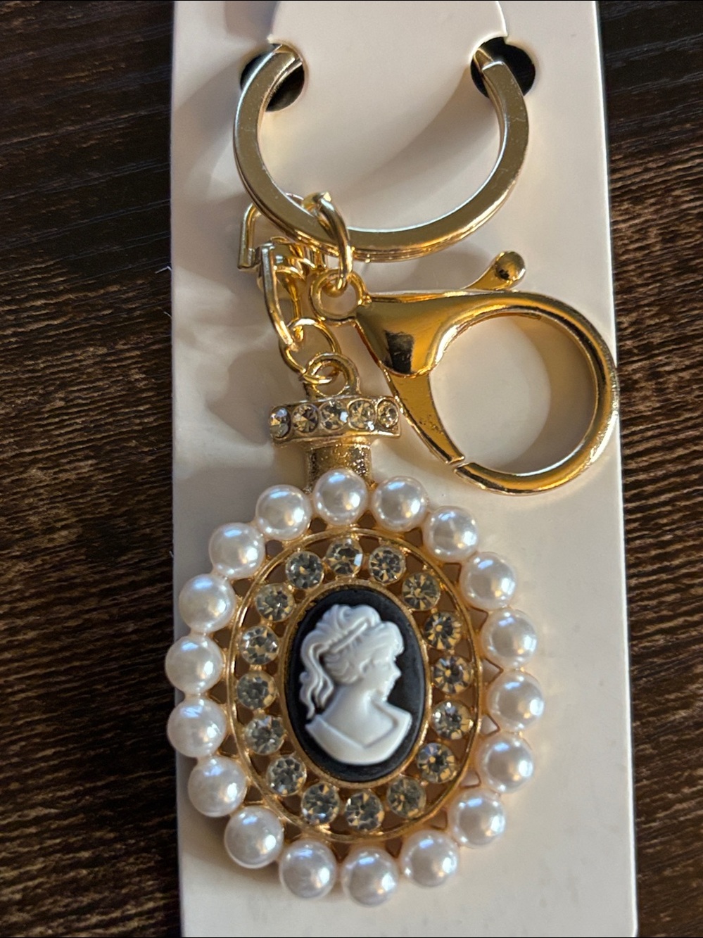 Gold Tone Pearl Cameo Keychain Charm - Women Accessories
